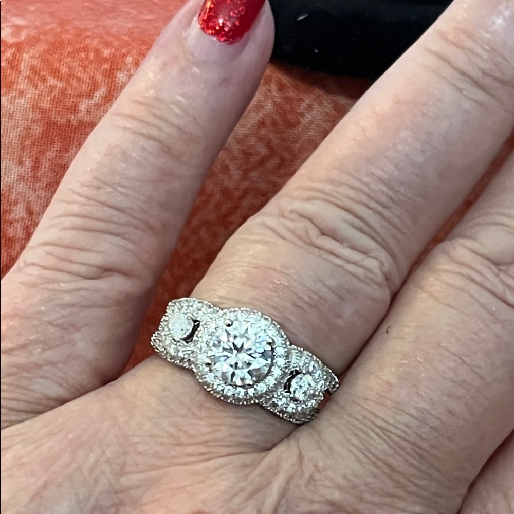 Spectacular Women’s Moissanite 925 Rhodium over Three Stone Ring Sz 9 w/accents